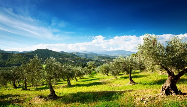 lush mediterranean olive grove under bright blue sky rolling hills in background