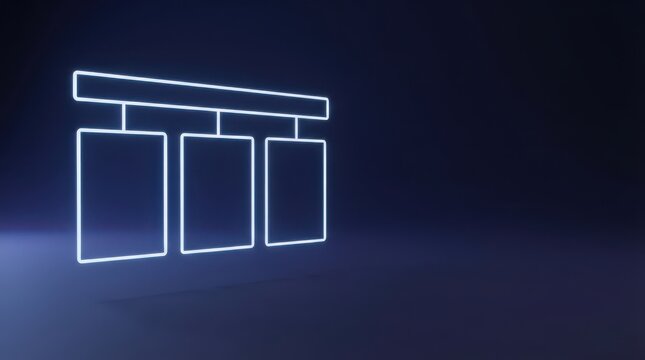Glowing wireframe layout with header and three columns