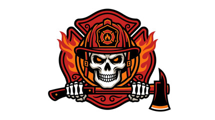 Fototapeta premium Firefighter Skull Mascot Illustration with Crossed Axe and Emblems on White