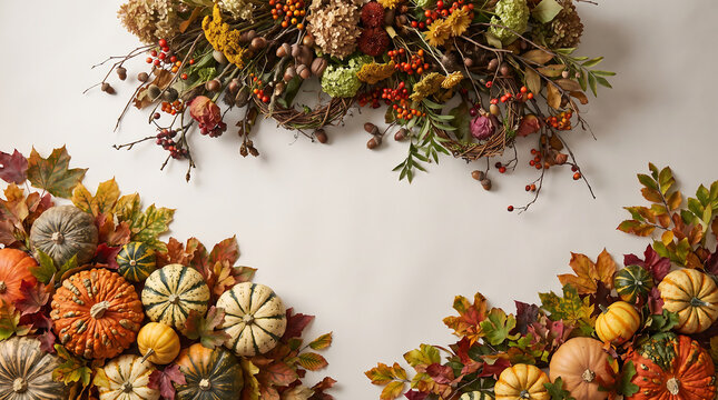 Autumn harvest border arrangement with pumpkins and fall