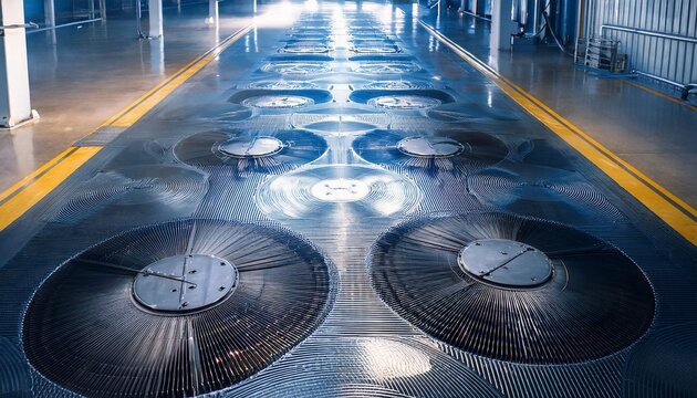 industrial floor fans line a wet misty warehouse floor this image represents professional drying and moisture control solutions for construction or flood damage restoration