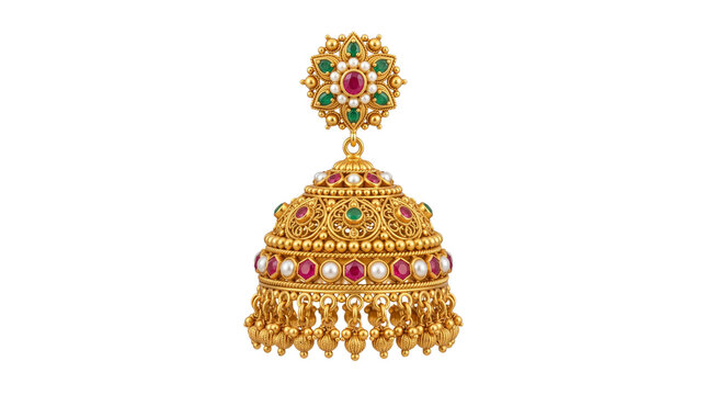 Traditional gold Jhumka earring with ruby and emerald stones, ornate Indian bridal jewelry, handcrafted ethnic gold earring isolated PNG with Transparent Background