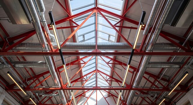 Industrial ceiling with red steel beams and glass skylight in a modern renovated warehouse.