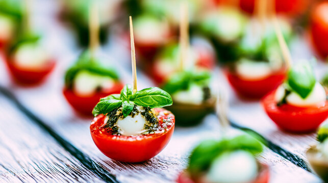 Fresh cherry tomato bites with mozzarella cheese and basil leaves on toothpicks