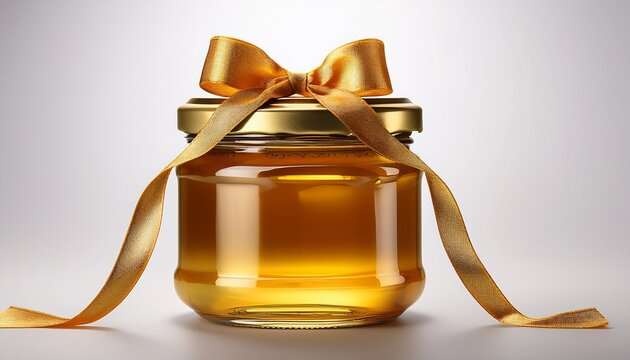 a jar filled with golden liquid sealed with a metal lid and adorned with a tied golden ribbon bow the background is white