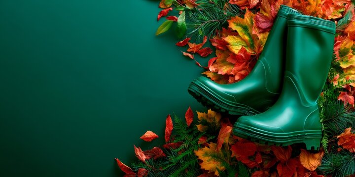 Shiny green rubber boots surrounded by vibrant autumn leaves and pine branches on a deep teal background, evoking fall fashion and outdoor adventure.
