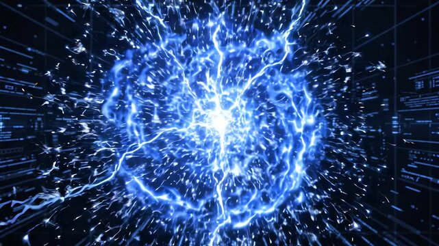 Seamless loop of electric blue lightning energy swirl with dynamic crackling pulses and glowing plasma sparks in a futuristic motion background