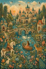 Fototapeta premium Whimsical fairytale castle with nature and animals.