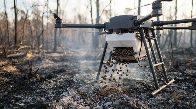 Agricultural drone dispensing seed pods for reforestation in a burnt forest landscape.