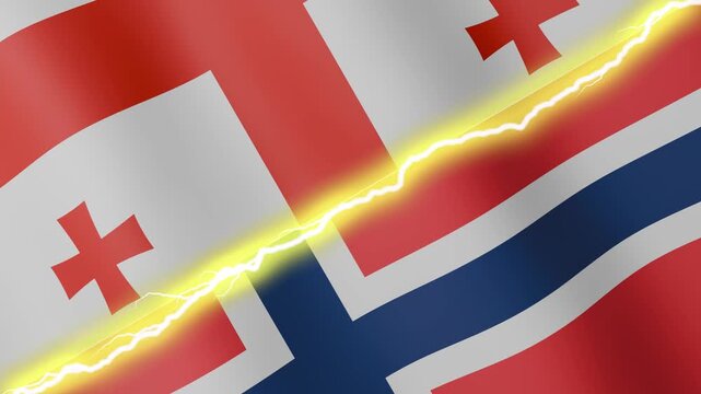 Two waving flags Georgia and Norway with diagonal lightning seamless, 4k loop