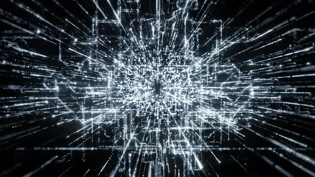 Seamlessly looping crisp white laser lines creating complex intertwining abstract patterns representing a futuristic digital network connection