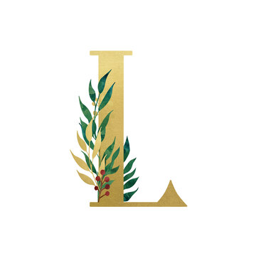 Golden Latin letter L in vintage church style with floral composition isolated