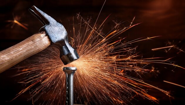 a hammer striking a nail with sparks flying off