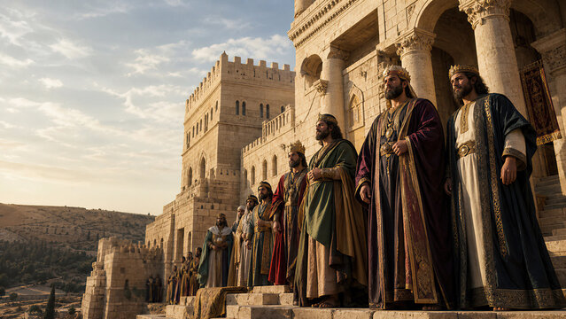 Kings and rulers standing on stone steps of ancient palace at sunset. Biblical scene of earthly powers gathering against the