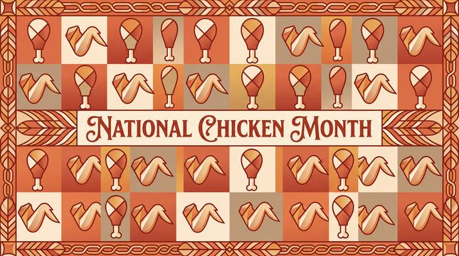 National Chicken Month abstract pattern with repeated chicken icons in geometric grid and elegant script typography for packaging design