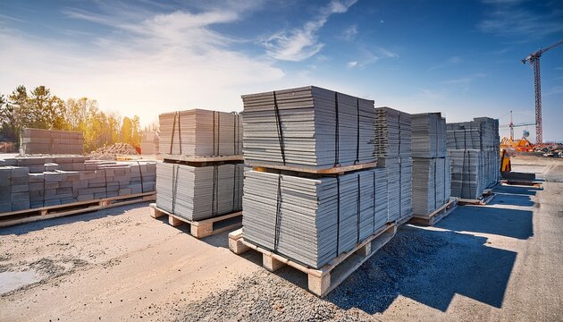 stacks of concrete blocks on pallets at a construction site