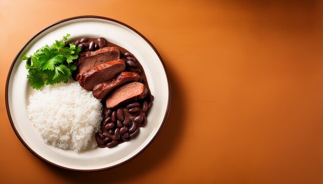 traditional brazilian feijoada meal overhead view of sliced steak with rice and beans