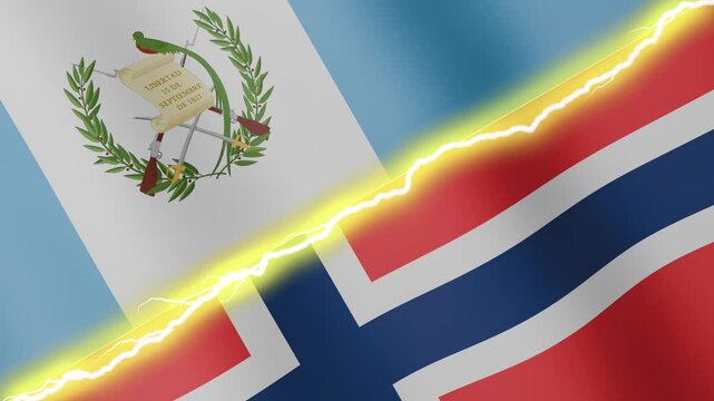 Two waving flags Guatemala and Norway with diagonal lightning seamless, 4k loop