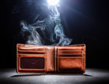 conceptual image open brown leather wallet with smoke rising symbolizing vanishing funds financial loss or disappearing wealth dramatic spotlight macro shot