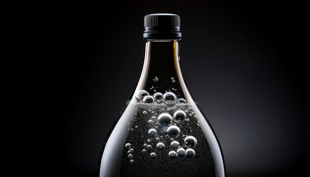 black bottle with bubbles inside