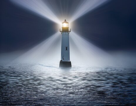 mysterious lighthouse in dense fog emitting a powerful beam of light over dark ocean water