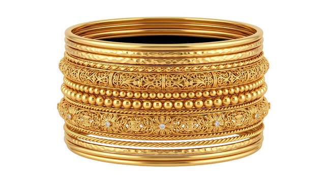 Traditional gold bangles set, ornate Indian bridal jewelry, luxury 22k gold bracelets with intricate filigree and floral patterns isolated PNG with Transparent Background