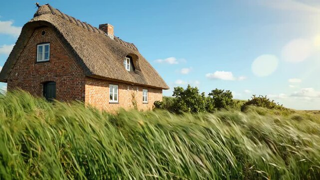 Traditional thatched roof house on Sylt island with red brick walls and green grass meadow swaying in the wind at a tilted angle