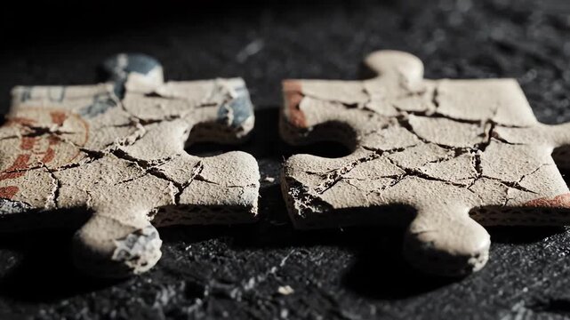 Two mismatched puzzle pieces with deep cracks and chips lying on a dark textured surface representing emotional strain and disconnection