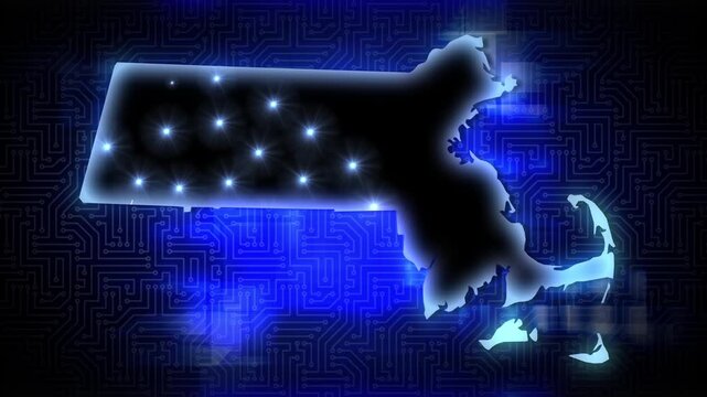 Animated Massachusetts map with glowing digital network connections over a circuit board background representing AI data centers and technology infrastructure. 15384  
