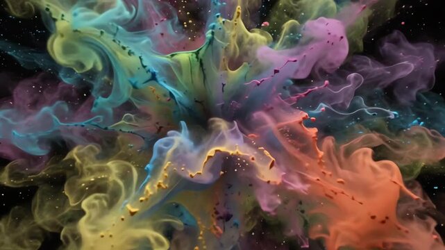 Vibrant multicolored powder exploding in slow motion against a solid black background creating a dramatic silhouette burst effect