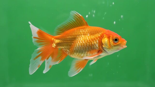 Vibrant orange goldfish swimming gracefully through water against a bright green screen background for easy keying and video compositing