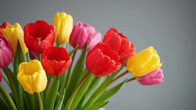 Vibrant spring tulips swaying gently against a minimalist gray background capturing the essence of renewal and peaceful serenity