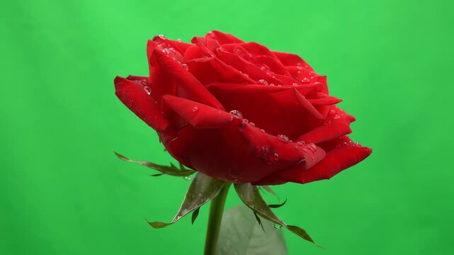 Vibrant red rose flower rotating slowly against a solid bright green screen background for professional chroma key compositing