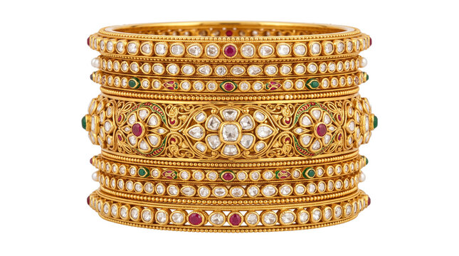 Traditional gold bangles with kundan stones, ornate bridal jewelry set with rubies and emeralds, luxury Indian wedding accessories isolated PNG with Transparent Background