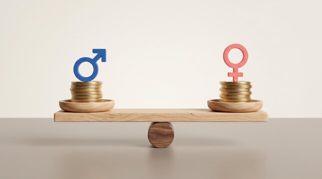 Gender pay gap concept with balance scale and coins