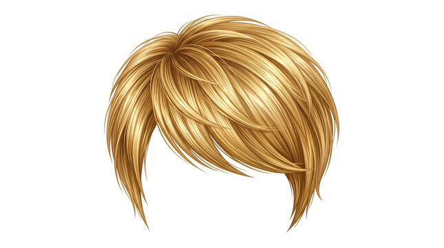 Blonde bob hairstyle, short golden hair wig for women, stylish layered haircut with side swept bangs, realistic honey blonde hair texture isolated PNG with Transparent Background