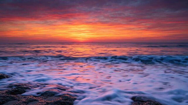 Vibrant sunset over deep blue ocean with silky long exposure waves crashing on the shore under an orange sky