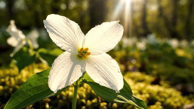 White blooming trillium flowers swaying in a gentle breeze on a lush green forest floor during spring morning sunlight