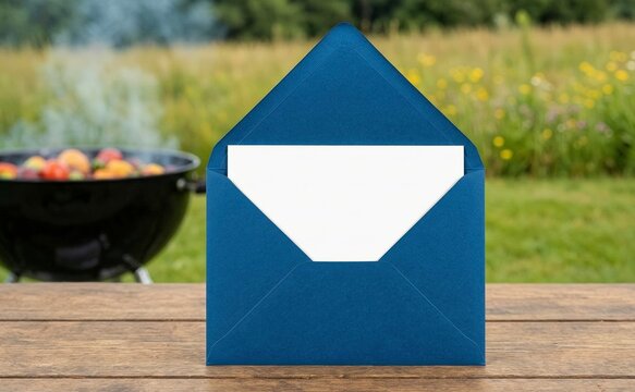 Blue Envelope with White Paper on Wooden Table in Garden for Invitations