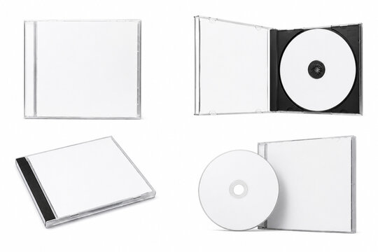 Photorealistic blank CD disc inside a premium jewel case cover with transparent plastic storage container, isolated on a clean white background, suitable for music, media, software product branding