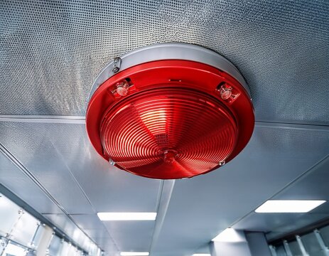 a bright red fire alarm strobe light flashes on a ceiling this signifies an emergency evacuation signal for office
