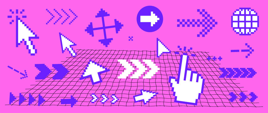 Neon pixel arrow, swipe, cursor icon set with chevrons, pointers, navigation symbols and directional elements in bold Y2K retro style for websites, gaming, apps and digital UI design