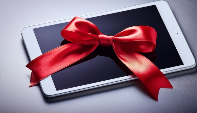 tablet device presented as a gift with a bright red satin bow