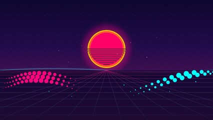 Neon Sunset Halftone Retro Landscape Wave Background © Wetocated