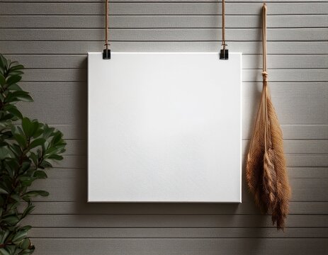 empty square canvas hanging on the wall with a mockup poster