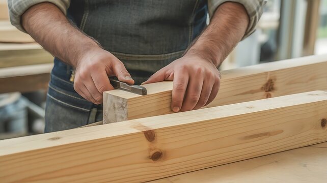 Carpenter using a hand plane to smooth a wooden beam in a workshop, close-up of hands and tool, craftsmanship and woodworking