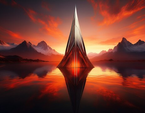a large arrow shaped structure piercing a fiery sky reflecting off a liquid surface with distant mountainous formations