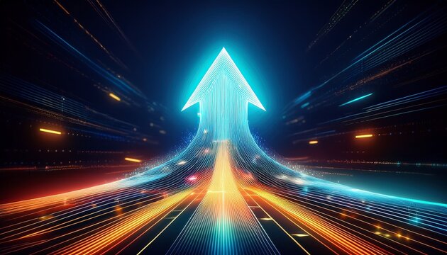 glowing digital arrow moving forward representing technology growth
