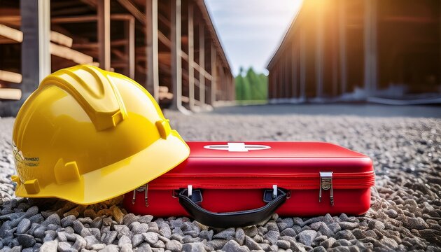 yellow hard hat and red first aid kit sitting on gravel represents construction safety and workplace emergency prep