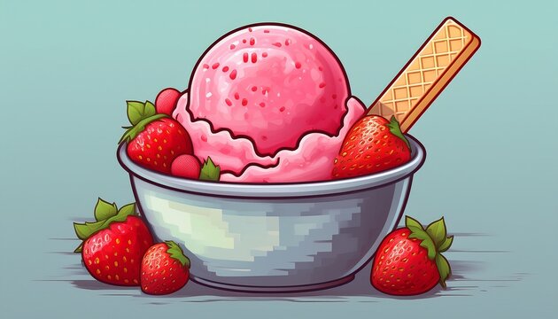 cute pixel art strawberry ice cream scoop in a bowl with berries and wafer cookie for food design